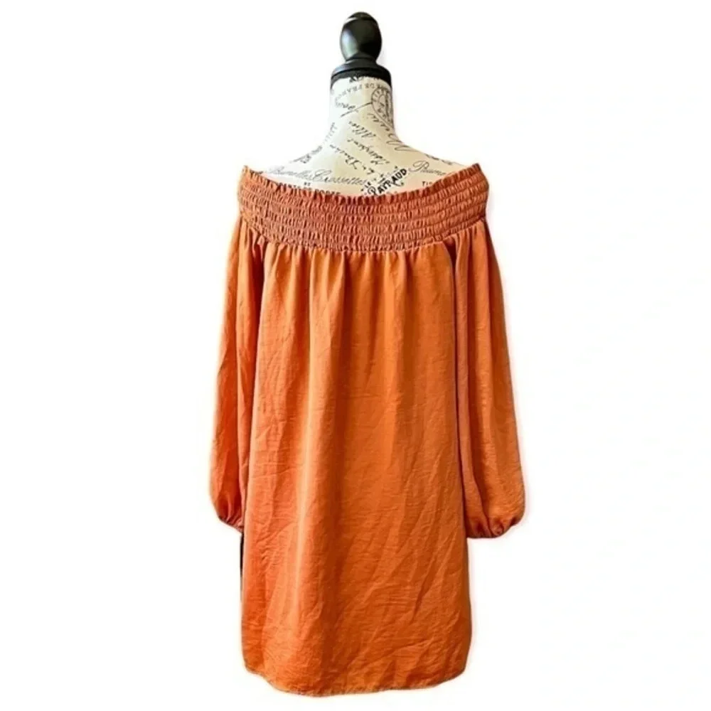 Nasty Gal Rust Orange Off Shoulder Mini Dress Long Sleeve Smocked Boho S Festive - Picture 5 of 11